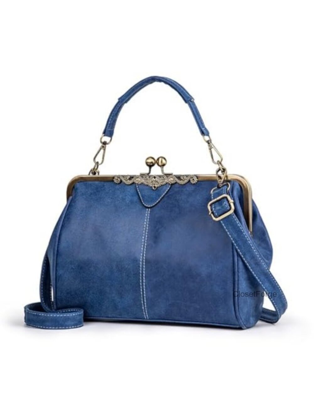Vegan Leather Satchel Handbag with Kiss Lock, Top Handle & Crossbody Strap